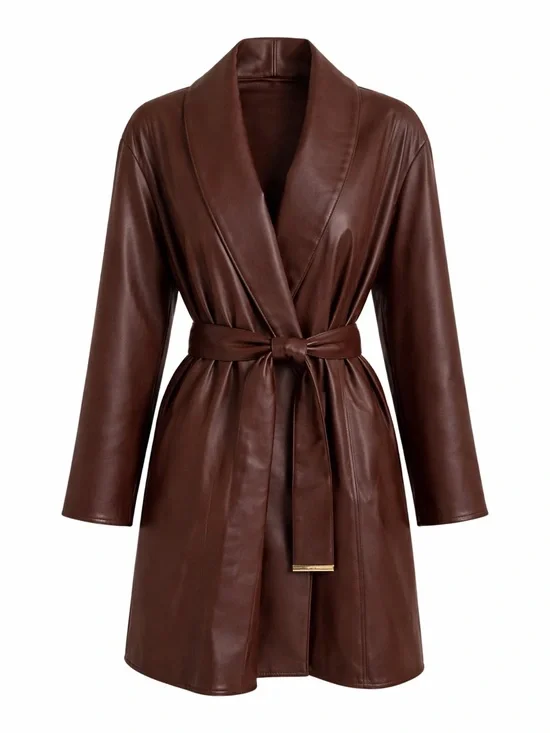 Kenneth Cole Vegan Leather Belted Trench Coat Brown Luxe Minimalist Jacket Sz L - Picture 2 of 15